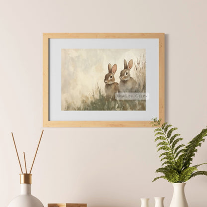 Rustic farmhouse art of two bunnies in nature
