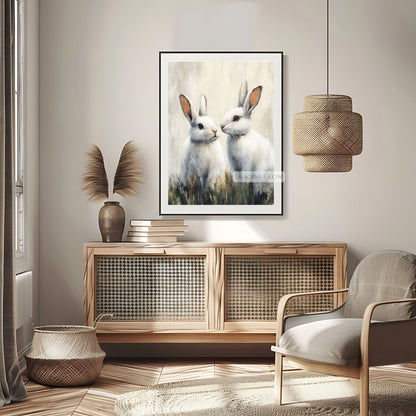 Elegant farmhouse-style bunny print for wall decor
