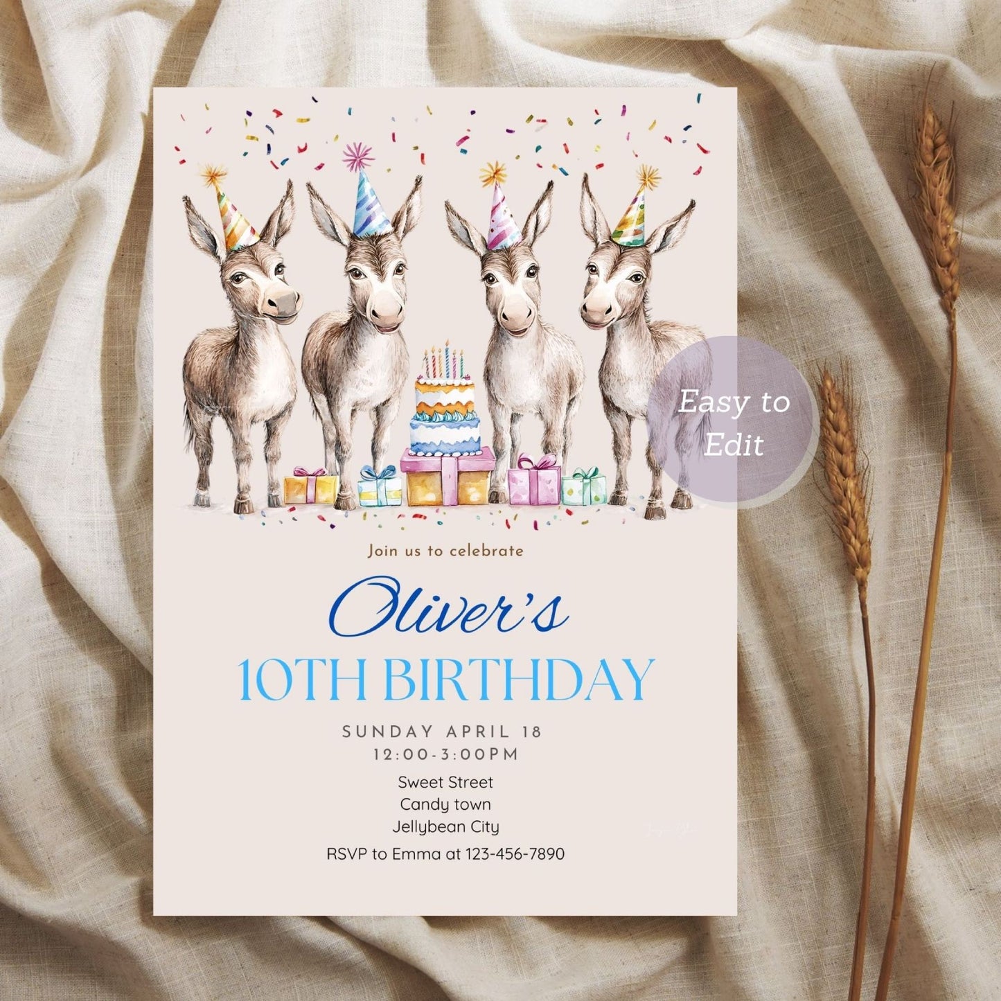 Editable donkey birthday party invite with cute farm animal design.
