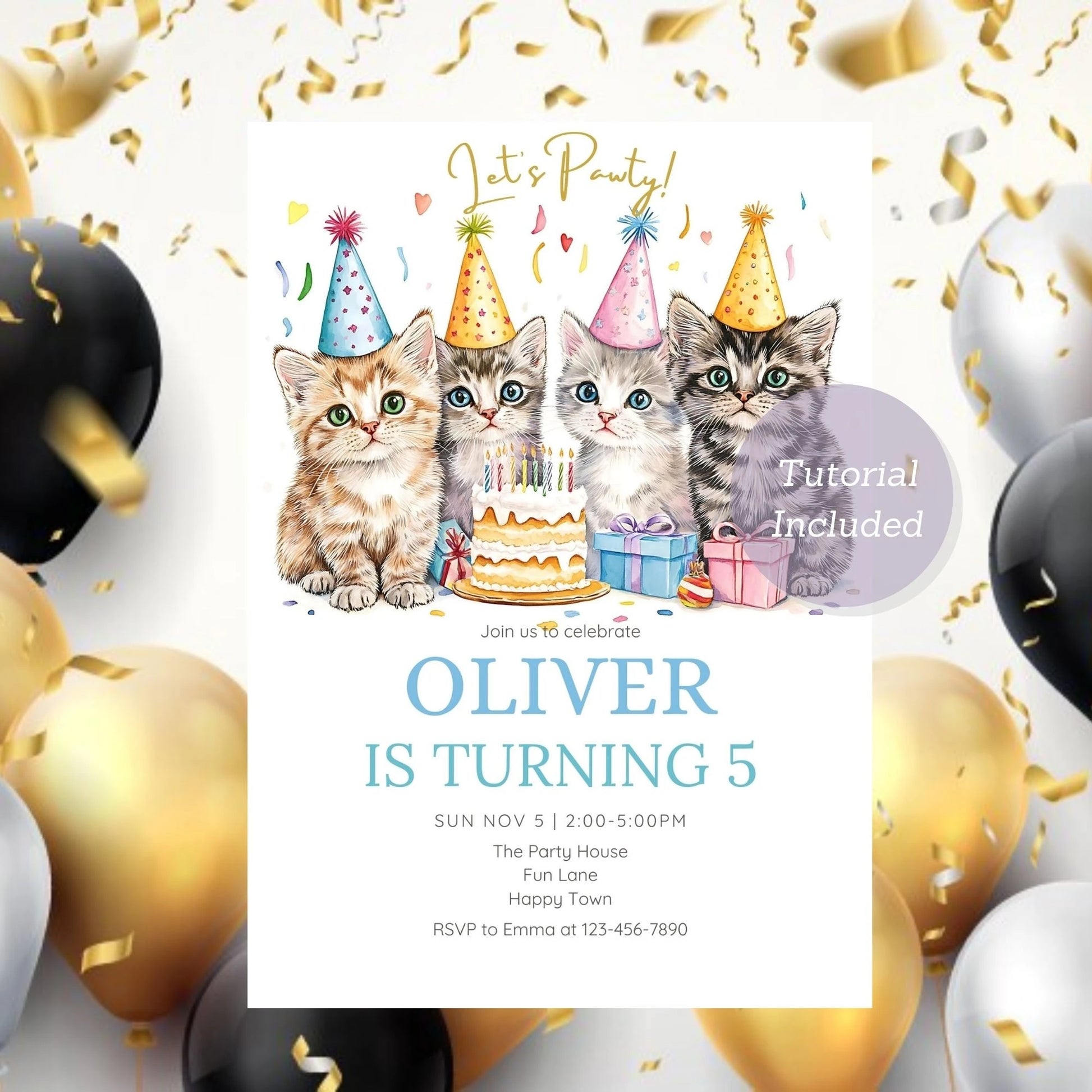 Purr-fect birthday invitation with a fun kitty cat design.
Adorable cat-themed birthday invite, ideal for cat lovers.