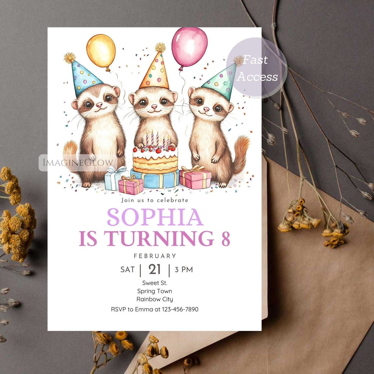 Custom Ferret Party Invite - Instant Download
