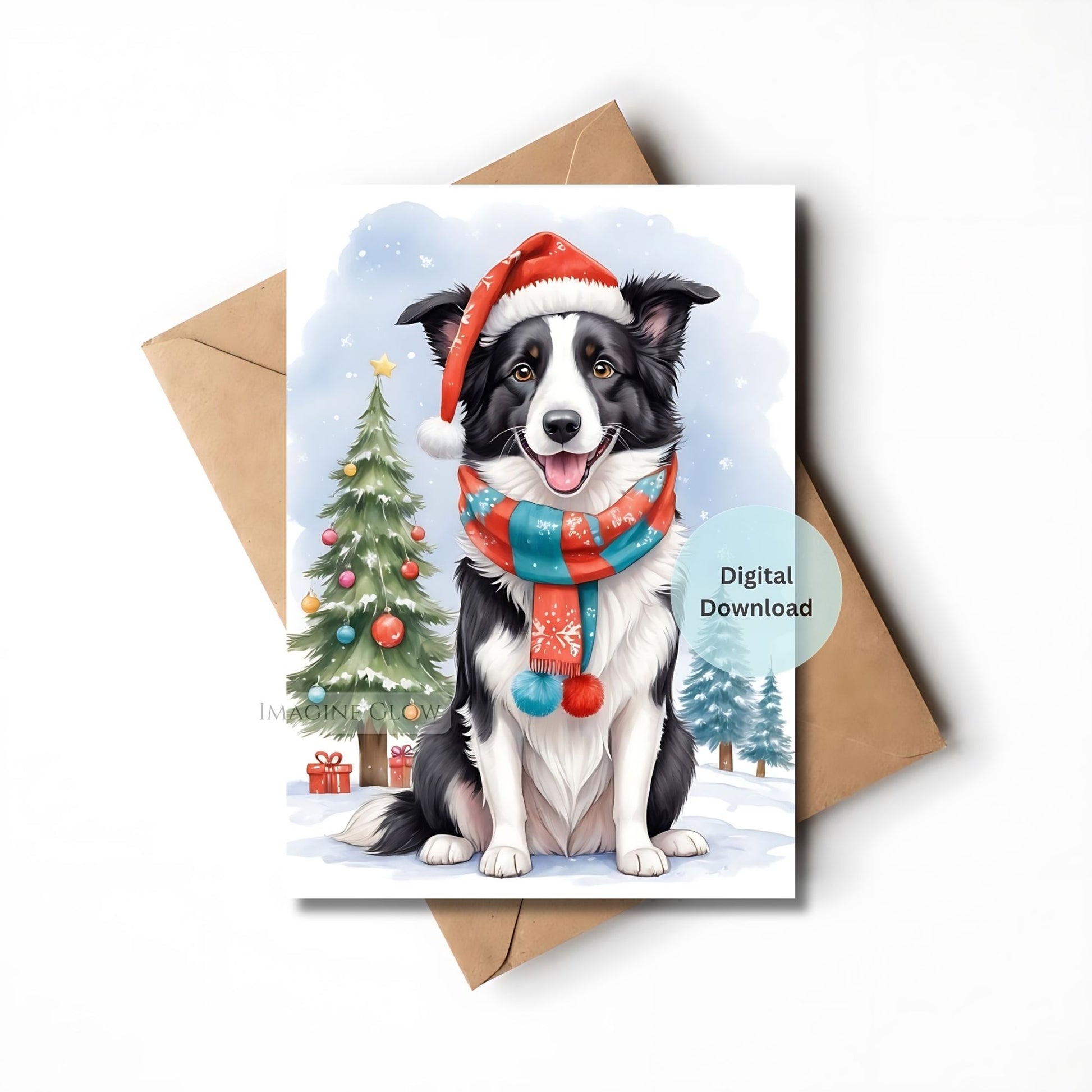 Christmas-themed greeting card with a dog wearing a Santa hat and scarf, next to an envelope.