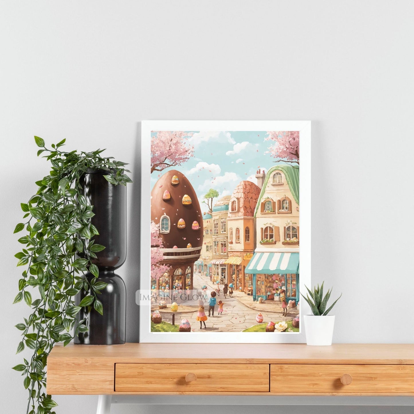 Beautiful Easter village scene with pink cherry blossoms and treats