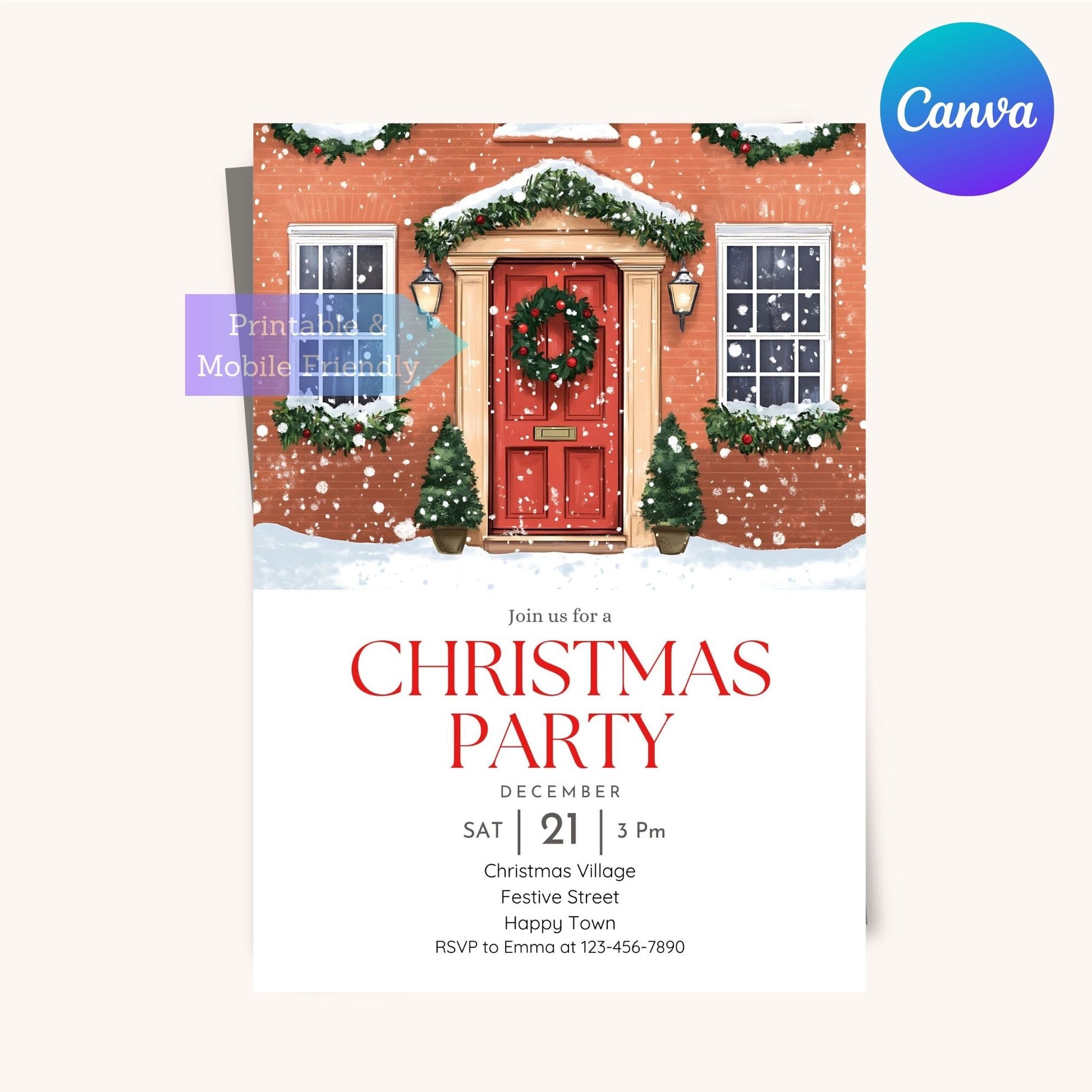 Printable Christmas invite showcasing a charming English house in seasonal decor.
