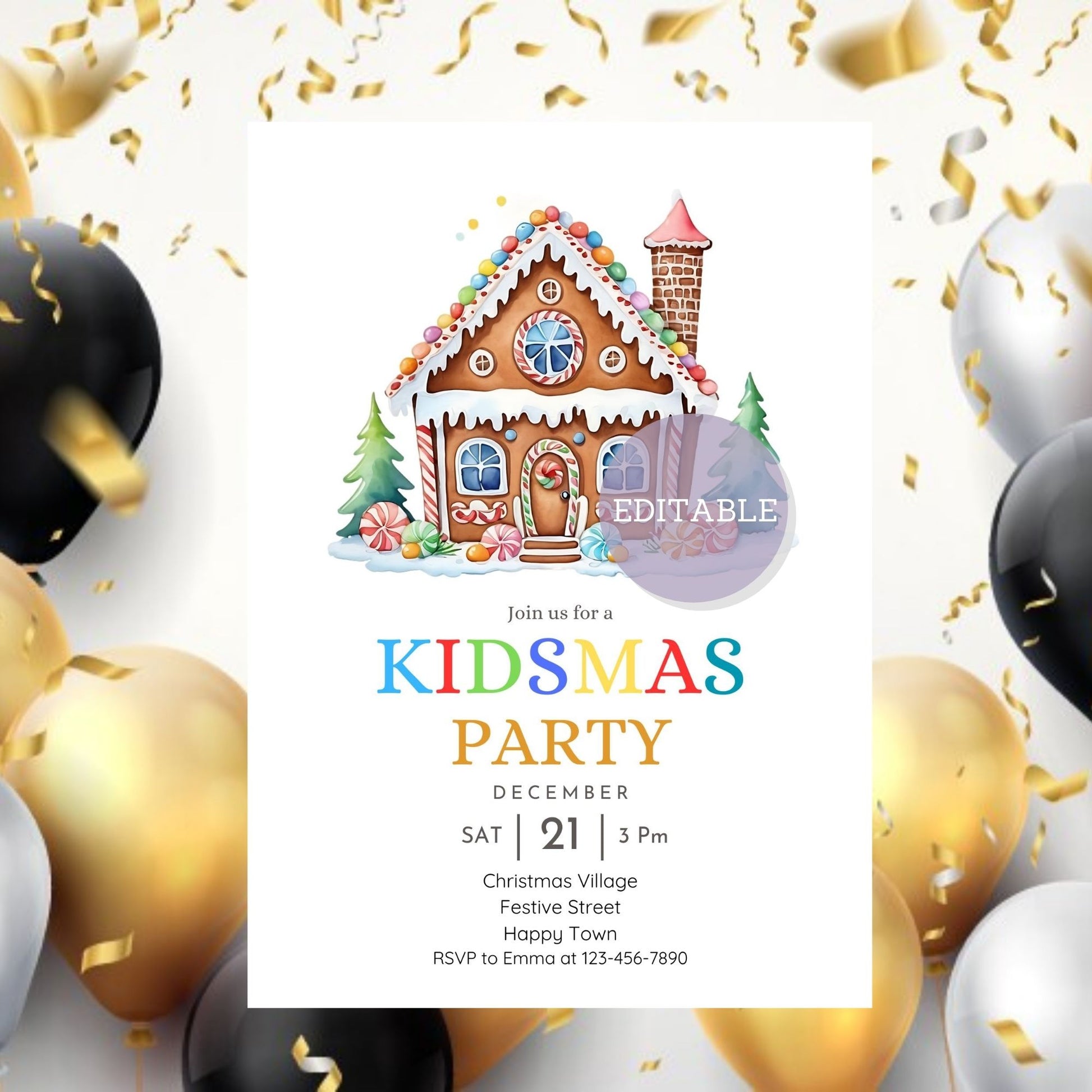 Gingerbread house Christmas party invitation for a Kidsmas celebration.
