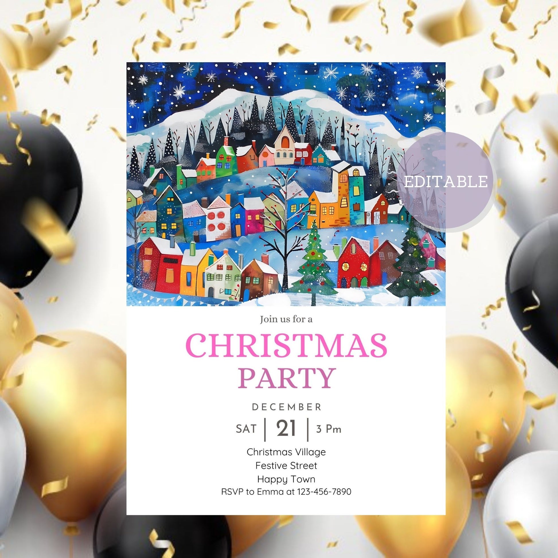 Printable holiday invitation with colorful houses and winter vibes.
