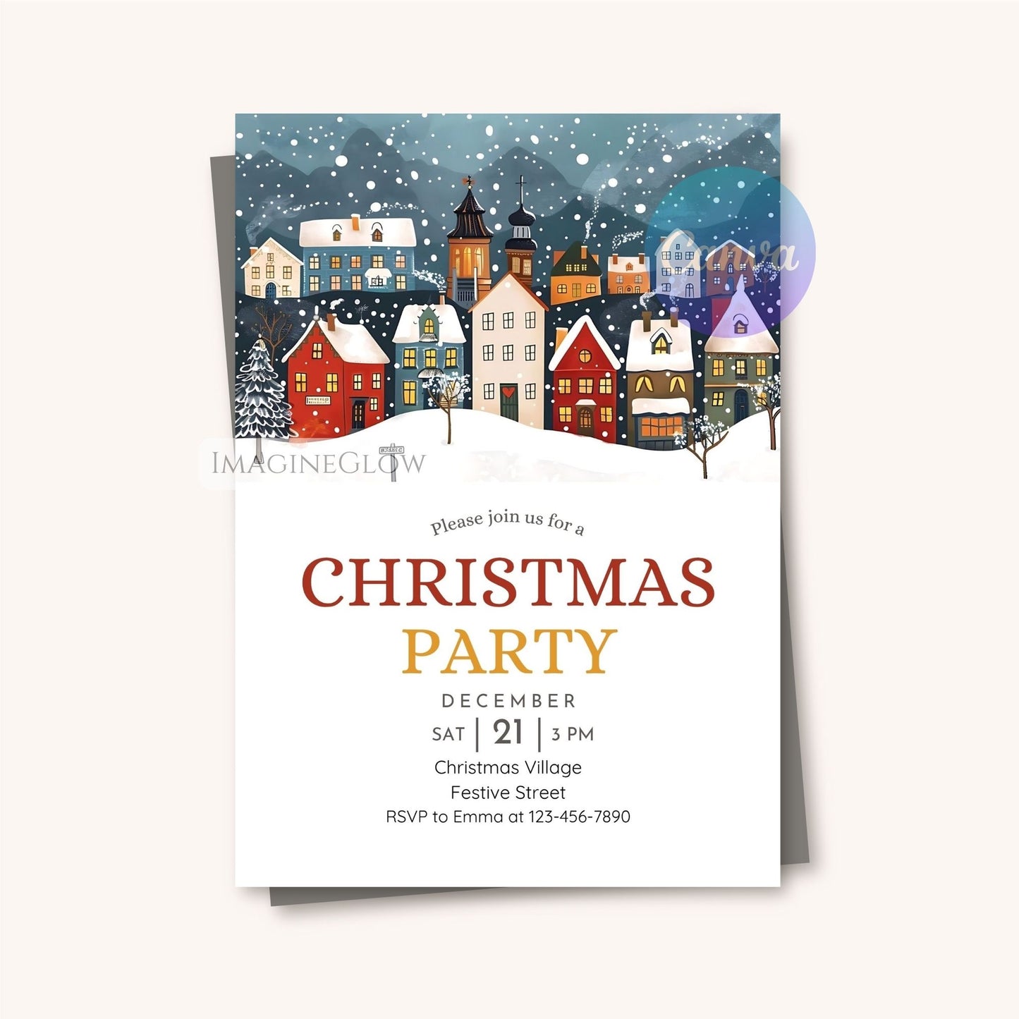 snowy christmas village invitation design
