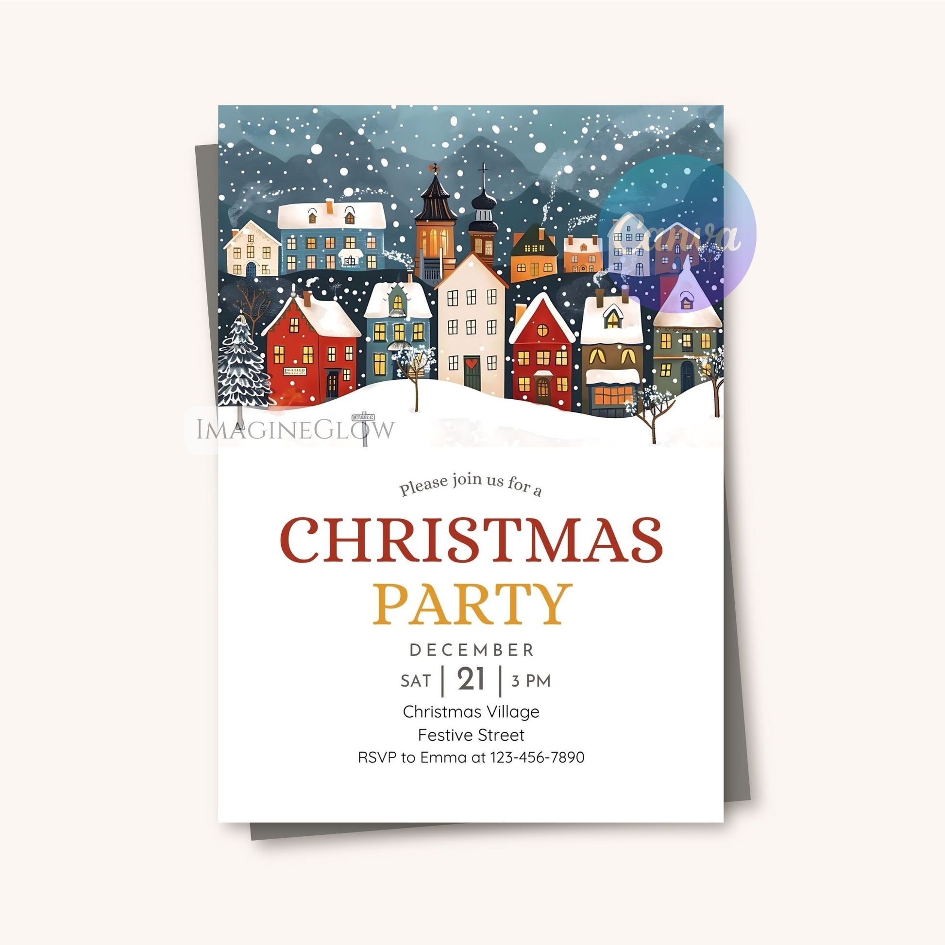 snowy christmas village invitation design

