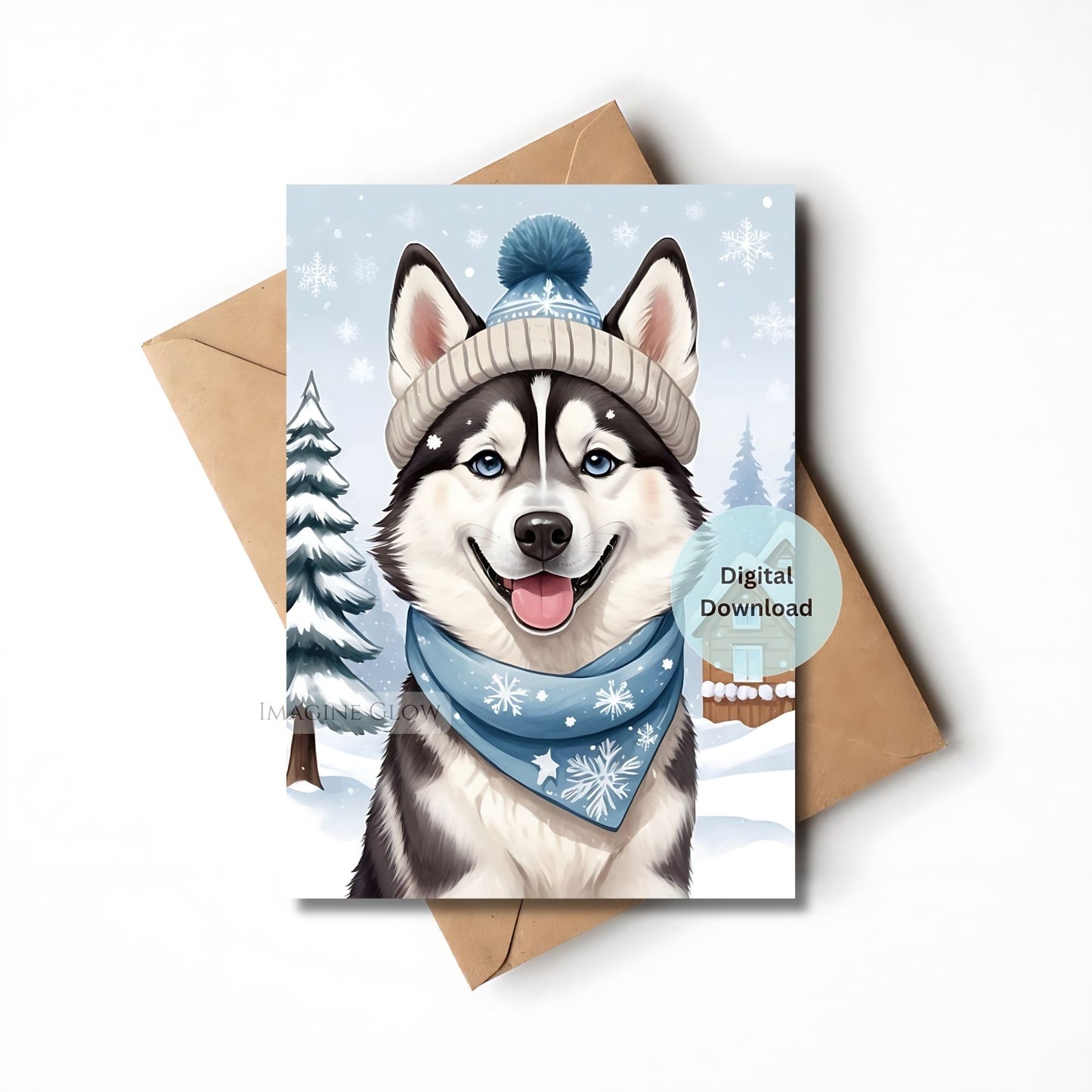 Greeting card with a husky dog wearing a winter hat and scarf, set against a snowy background.