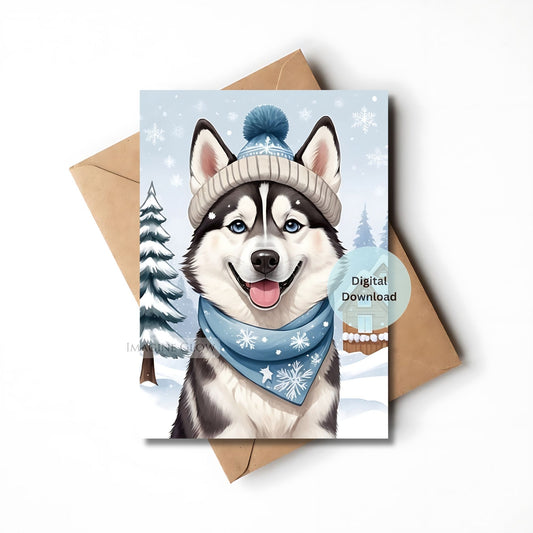 Greeting card with a husky dog wearing a winter hat and scarf, set against a snowy background.