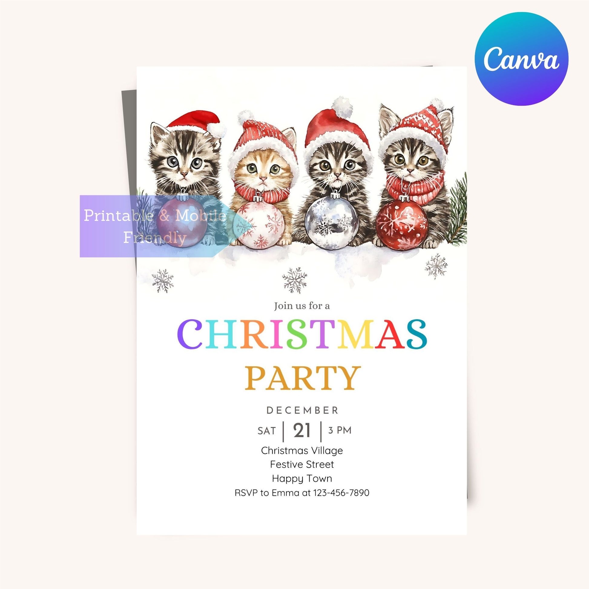 Kittens-themed Christmas invitation for kids and families.