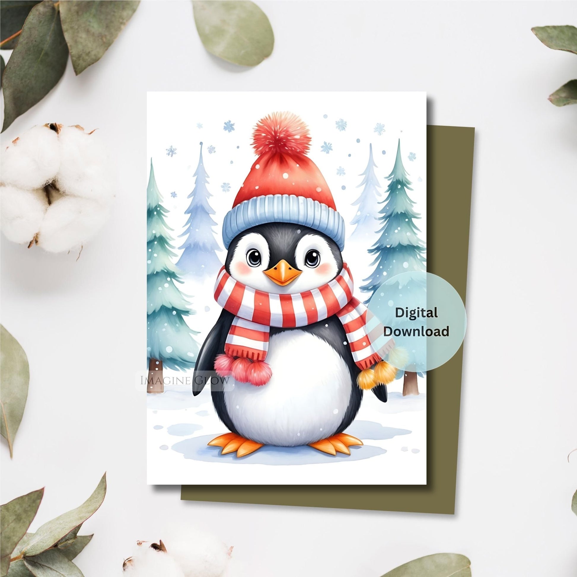 Digital download card with a penguin wearing a winter hat and scarf on a snowy background.