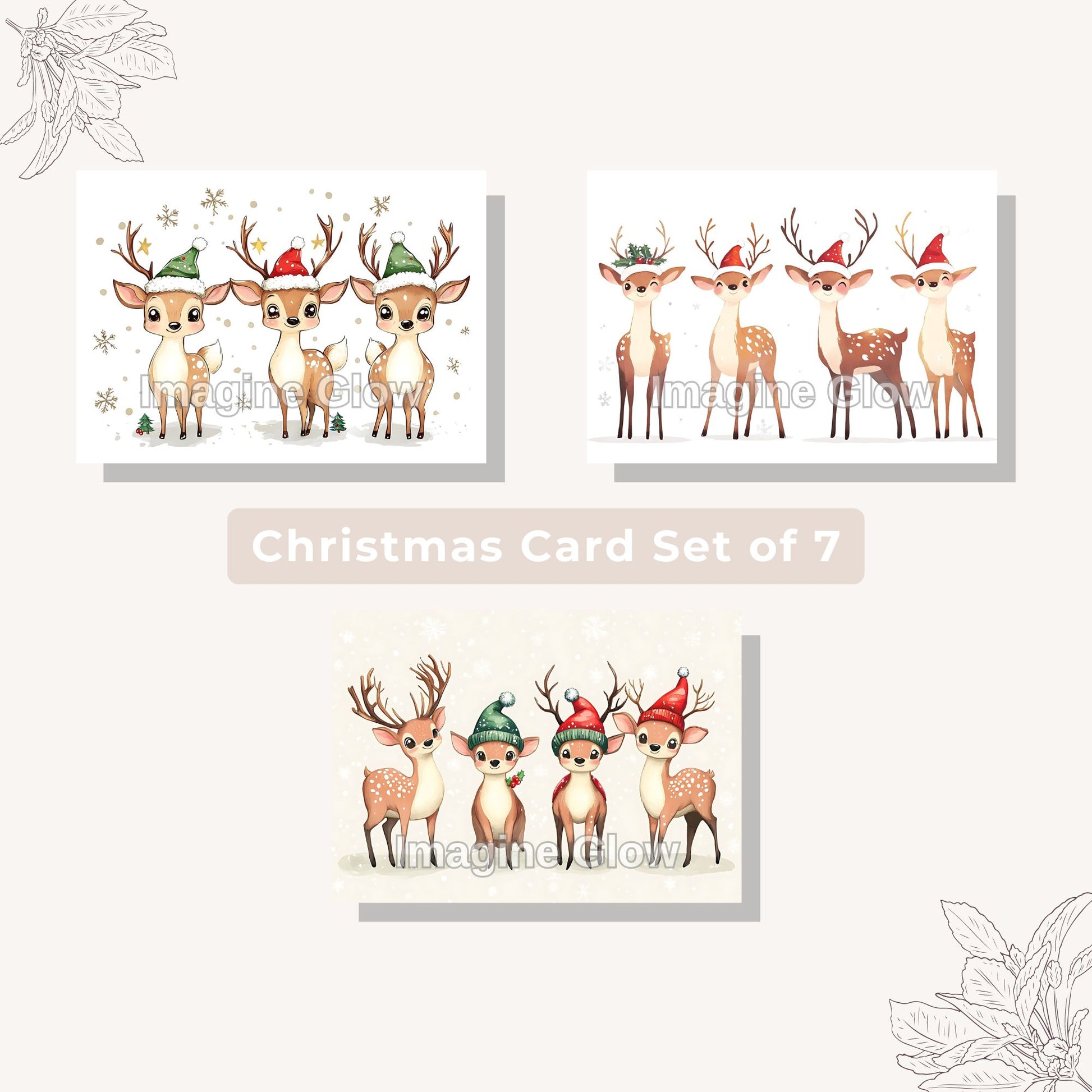 Reindeer-themed holiday card set of 4 for Christmas greetings