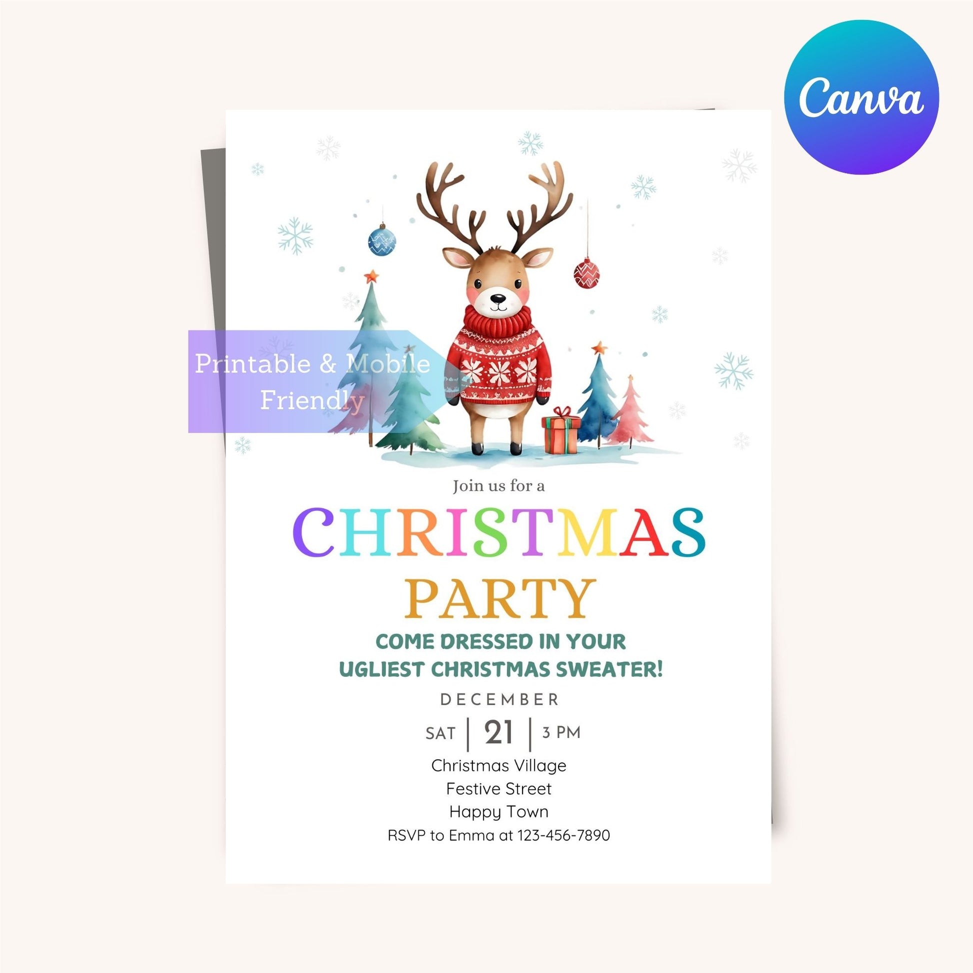 Printable reindeer-themed holiday invitation for kids and adults.
