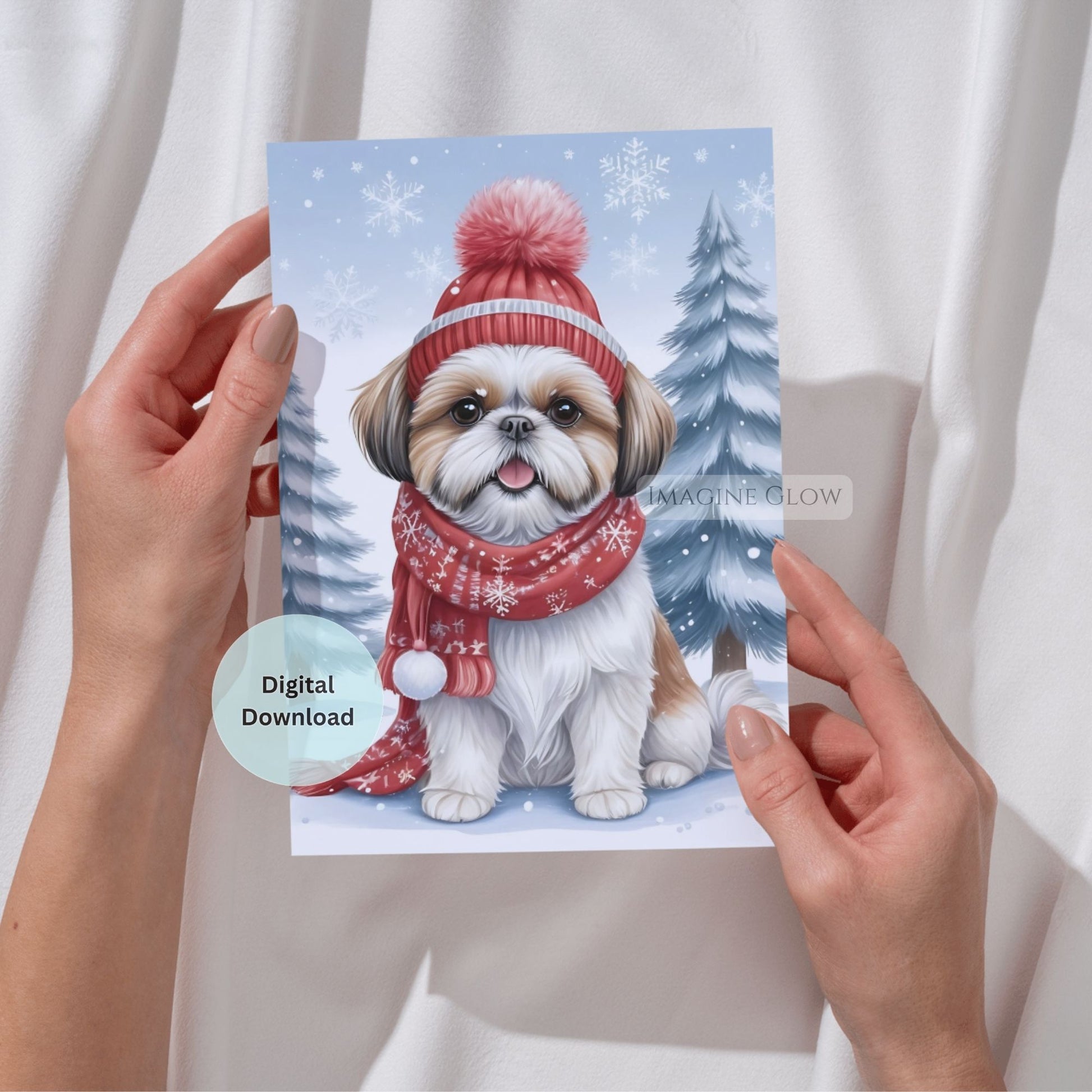 Card with a dog wearing a winter hat and scarf held by hands against a white background