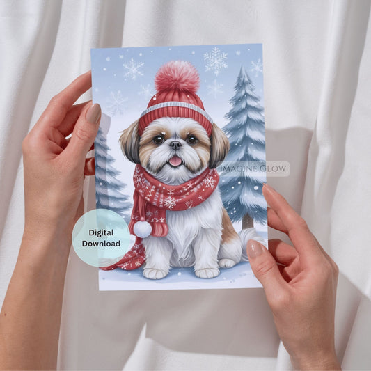 Card with a dog wearing a winter hat and scarf held by hands against a white background