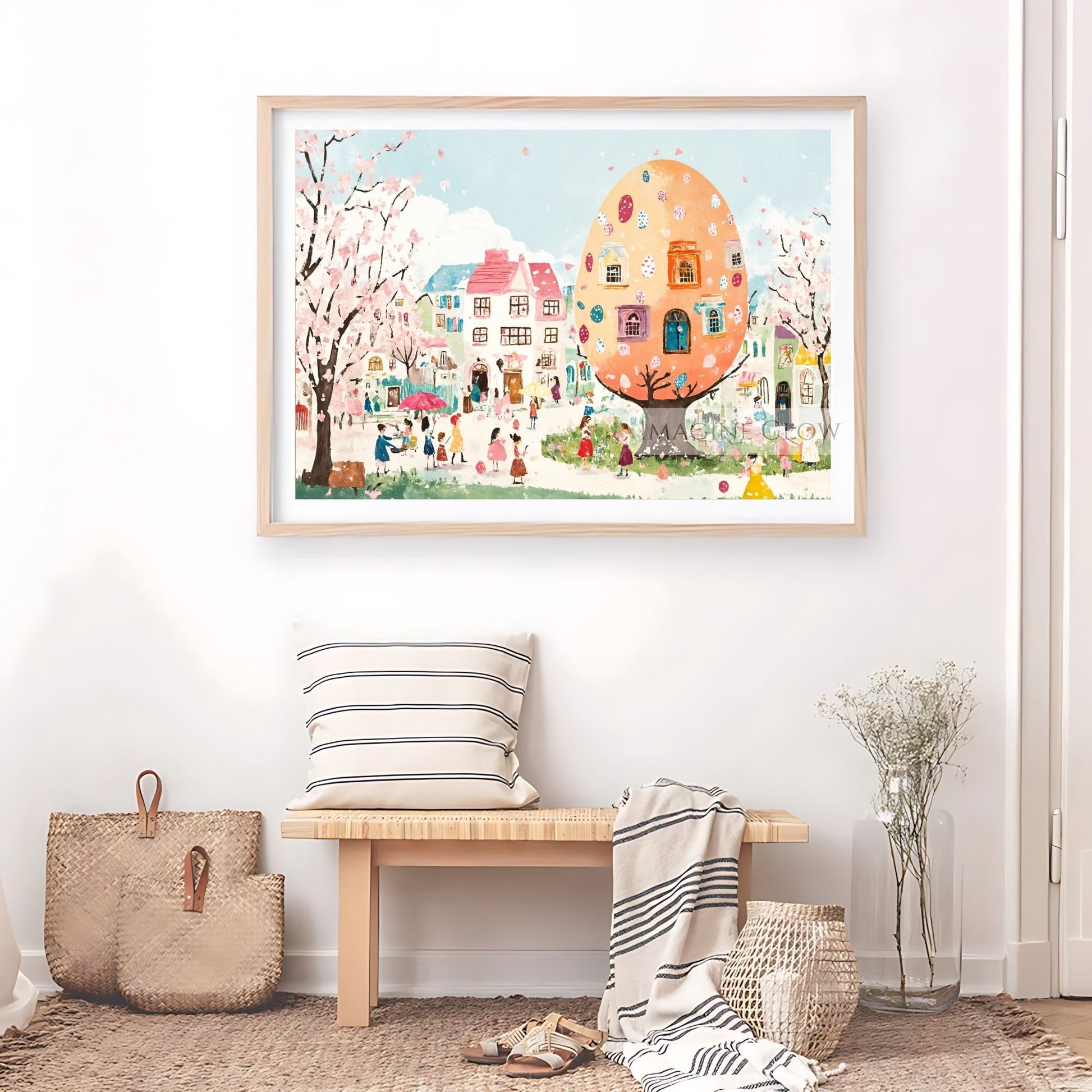 Storybook-style village with blooming trees and Easter details
