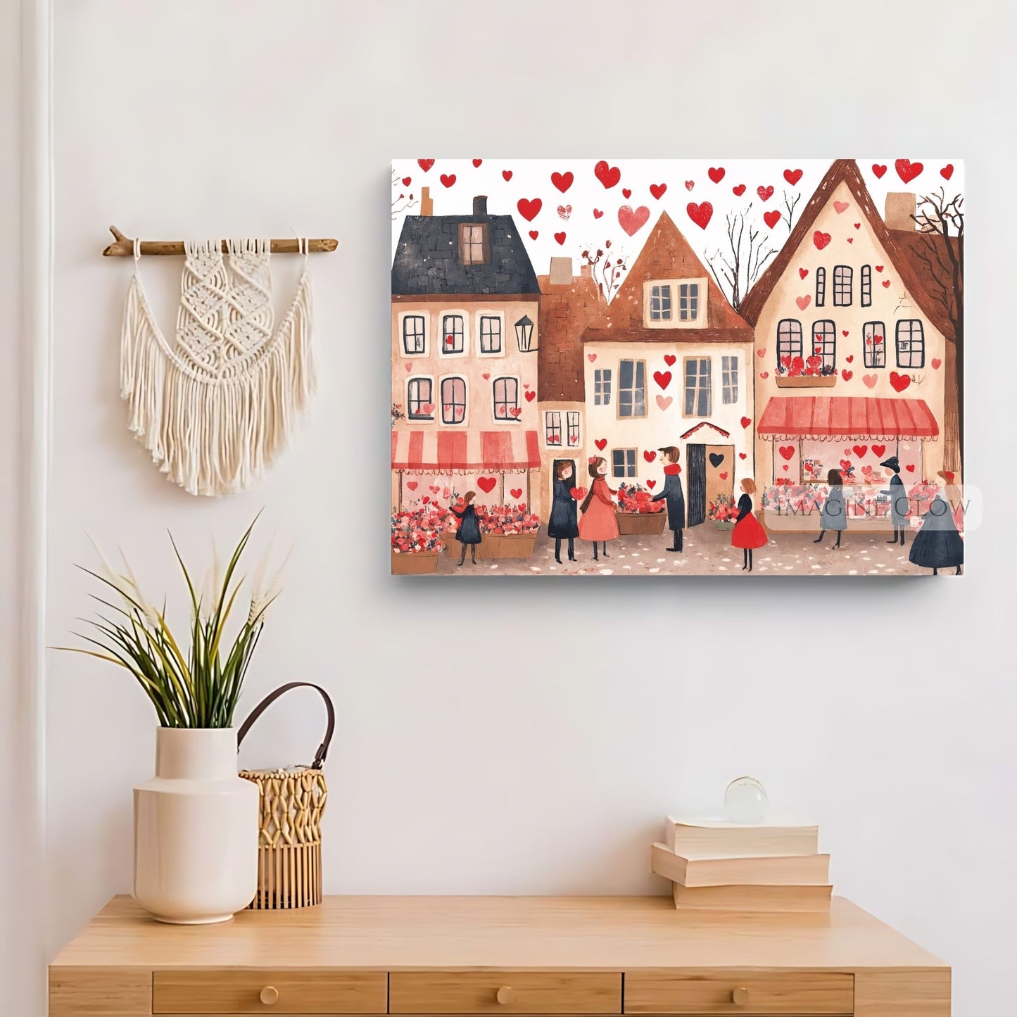 Love-themed wall art featuring a charming hand-drawn village
