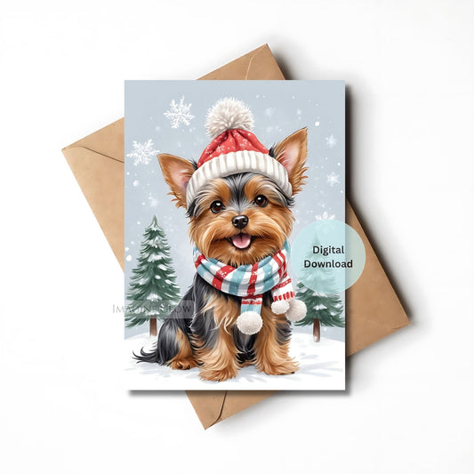 Card with a dog wearing a winter hat and scarf on a snowy background