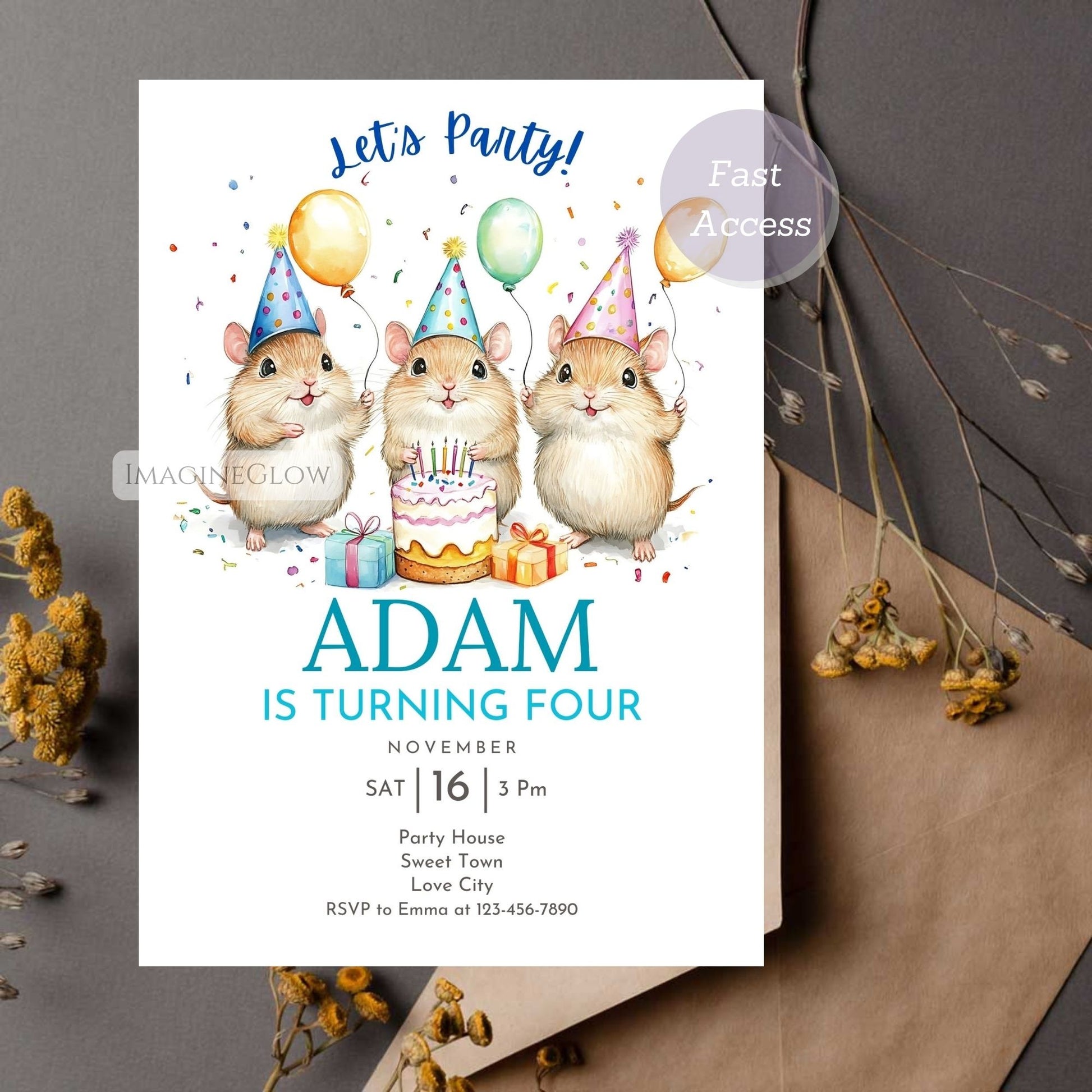Printable Field Vole Party Invitation - Animal Design
