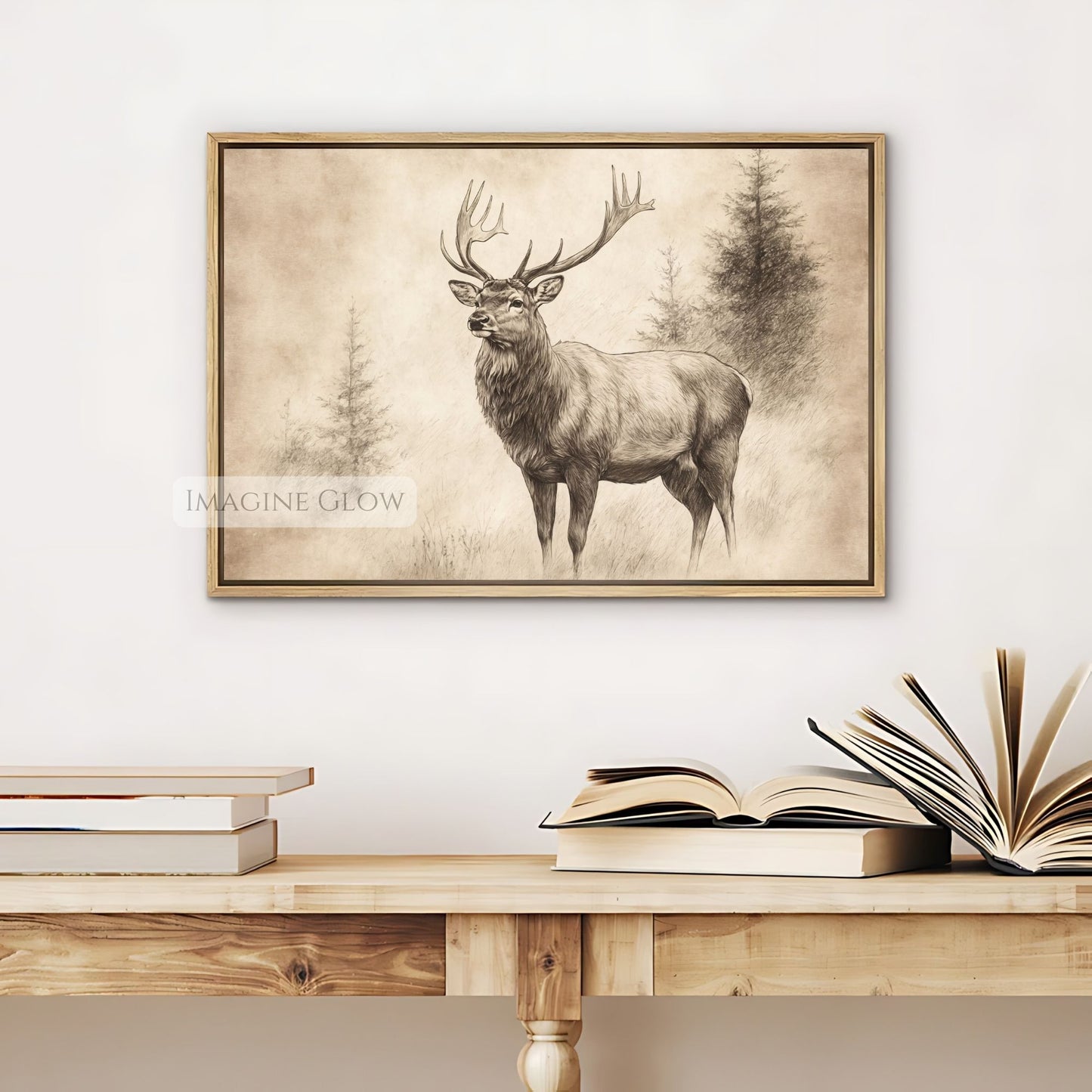 Timeless stag illustration for animal-themed living rooms.

