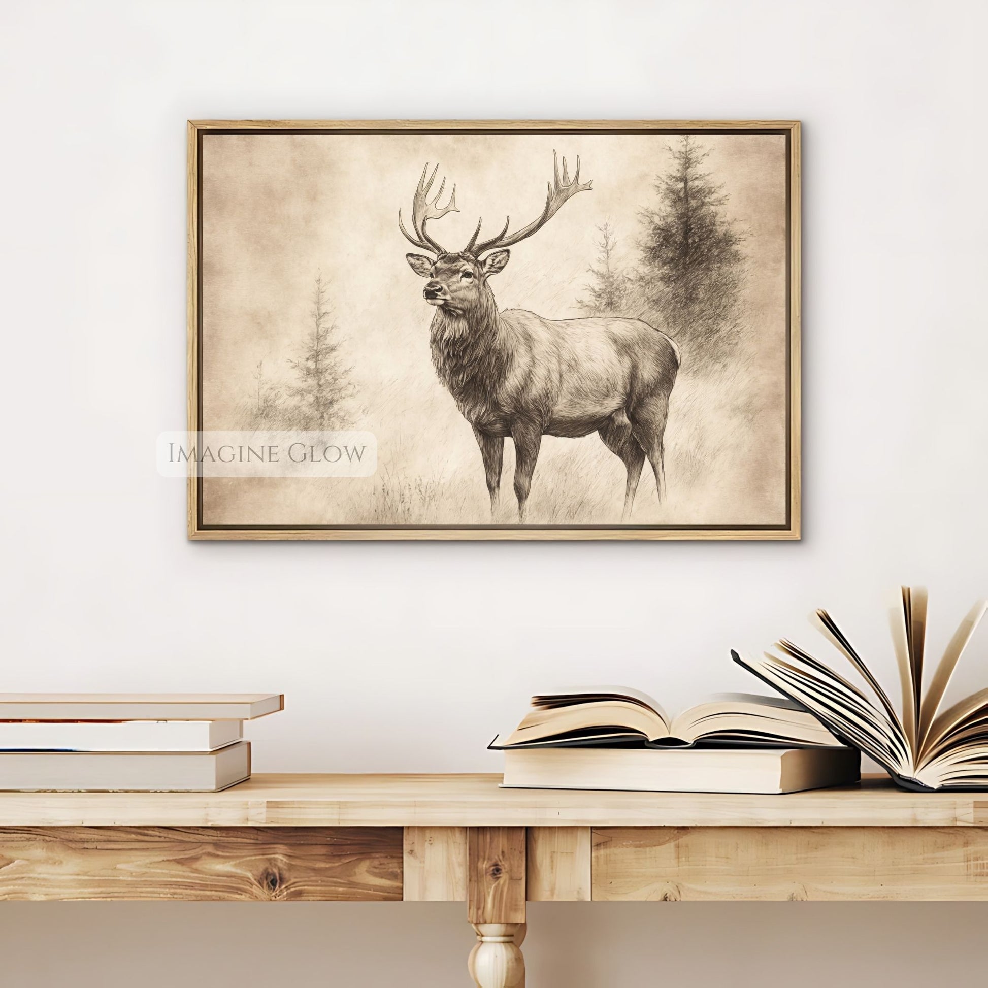 Timeless stag illustration for animal-themed living rooms.
