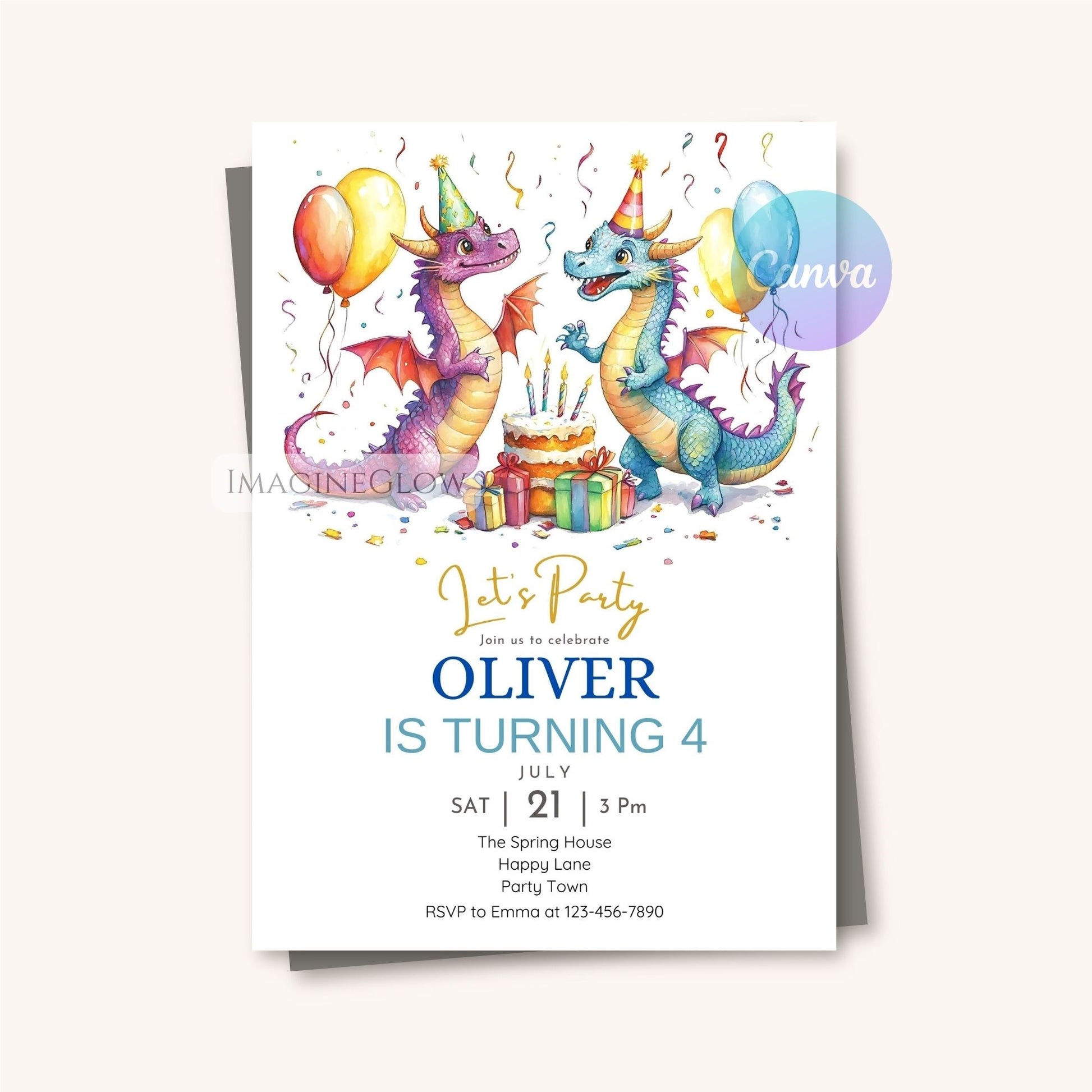 Printable fire-breathing dragon birthday invite
