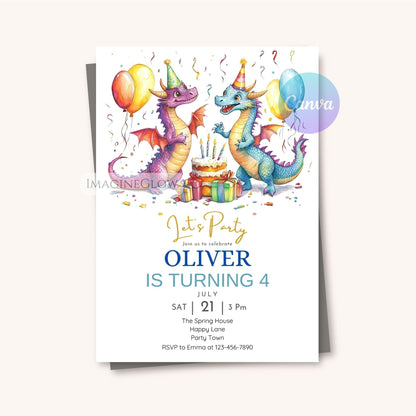 Printable fire-breathing dragon birthday invite
