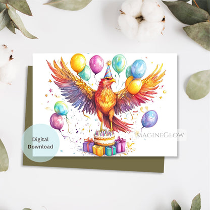 Birthday card with a colorful bird holding balloons and a cake on a white background.