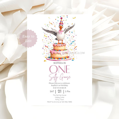 Cute goose themed first birthday invite for girl Editable digital download birthday invitation for girl
