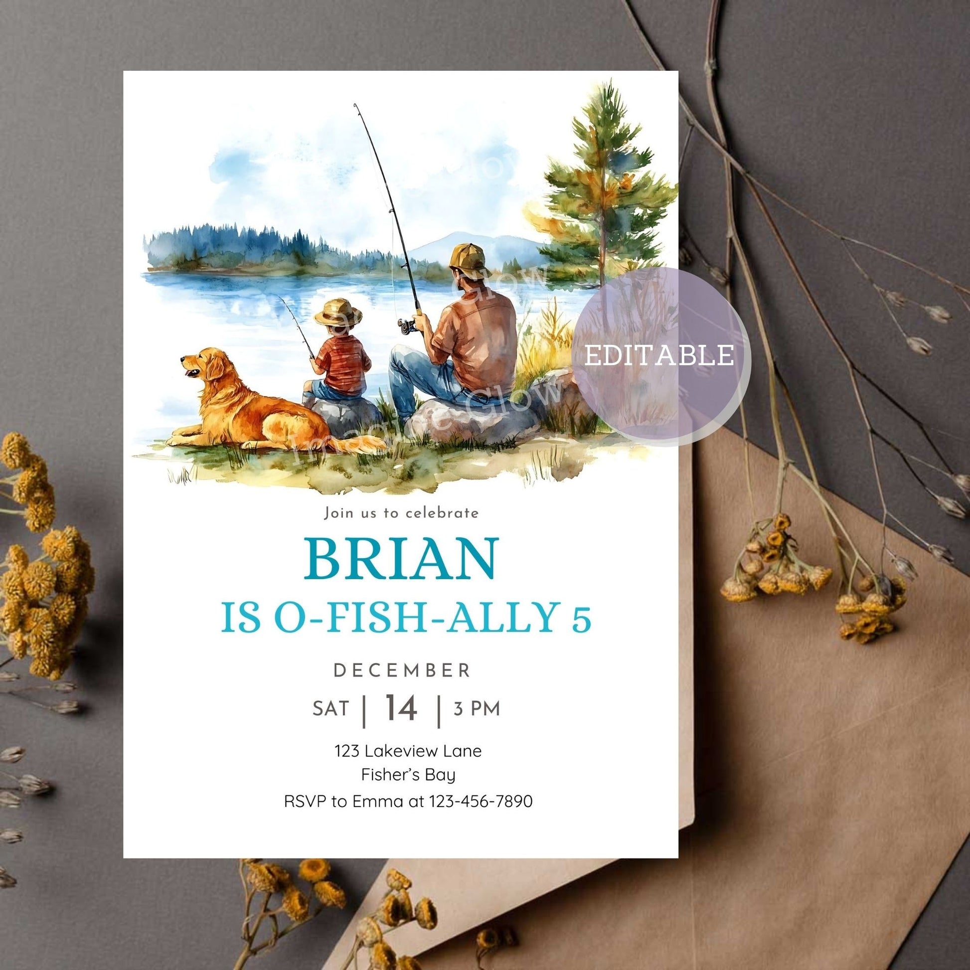 Fishing-themed party invitation with playful design and fun text.