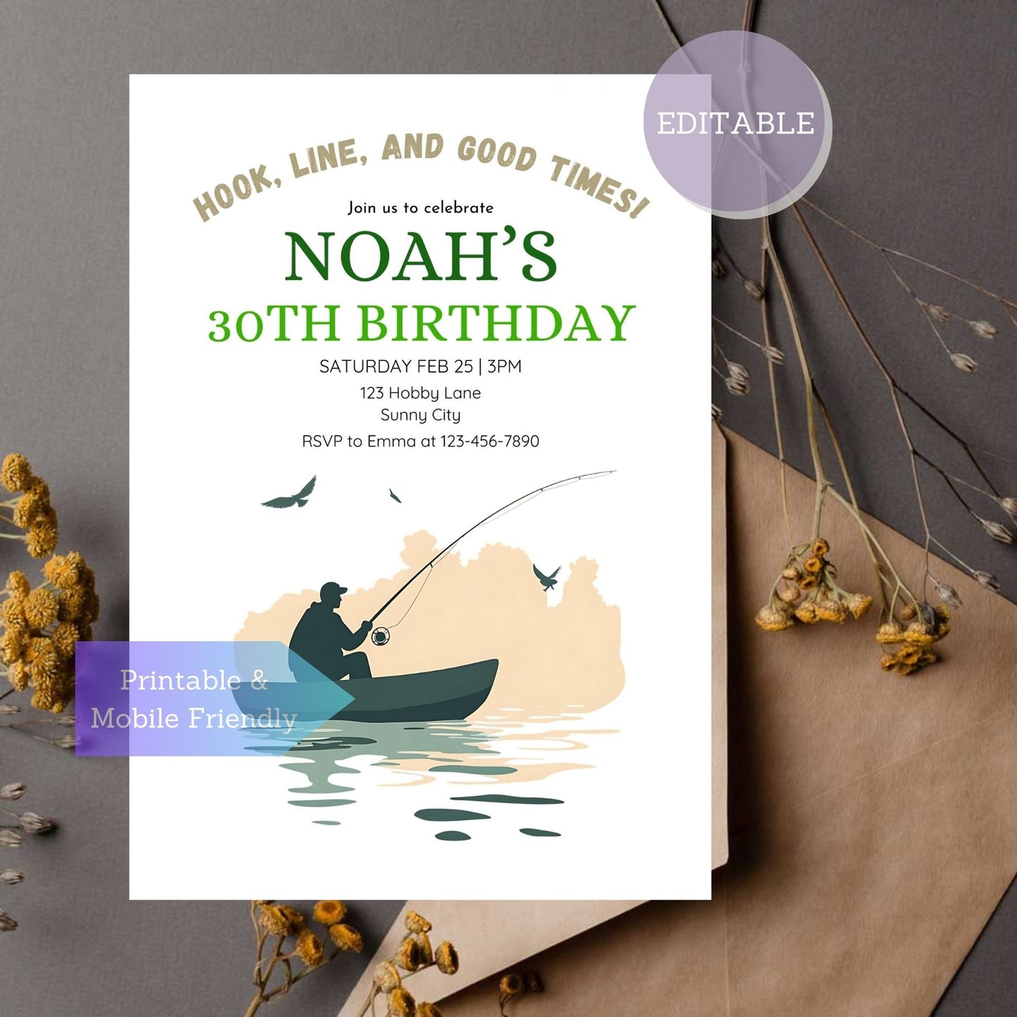 Editable fishing party invitation template on Canva for outdoor celebrations.