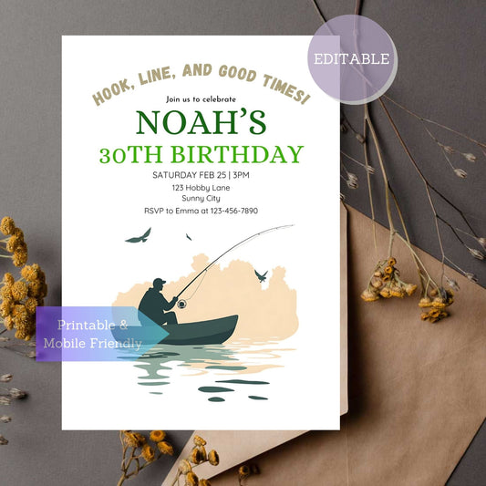 Editable fishing party invitation template on Canva for outdoor celebrations.