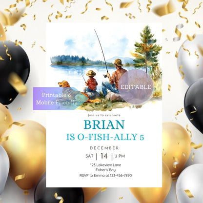 Fishing-inspired party invite featuring hooks and aquatic decorations.