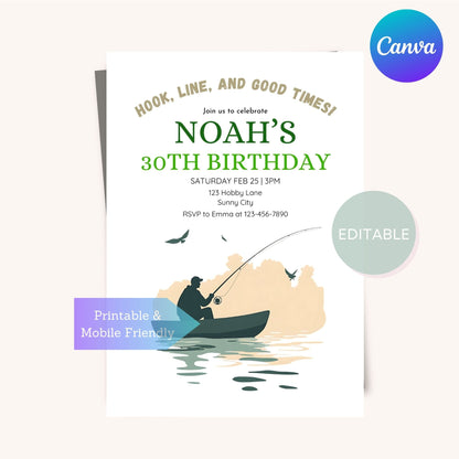 Customizable fishing birthday party invite for outdoor lovers.