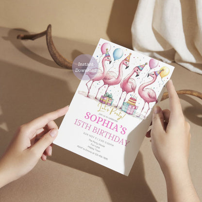 Editable flamingo birthday party invitation for kids
