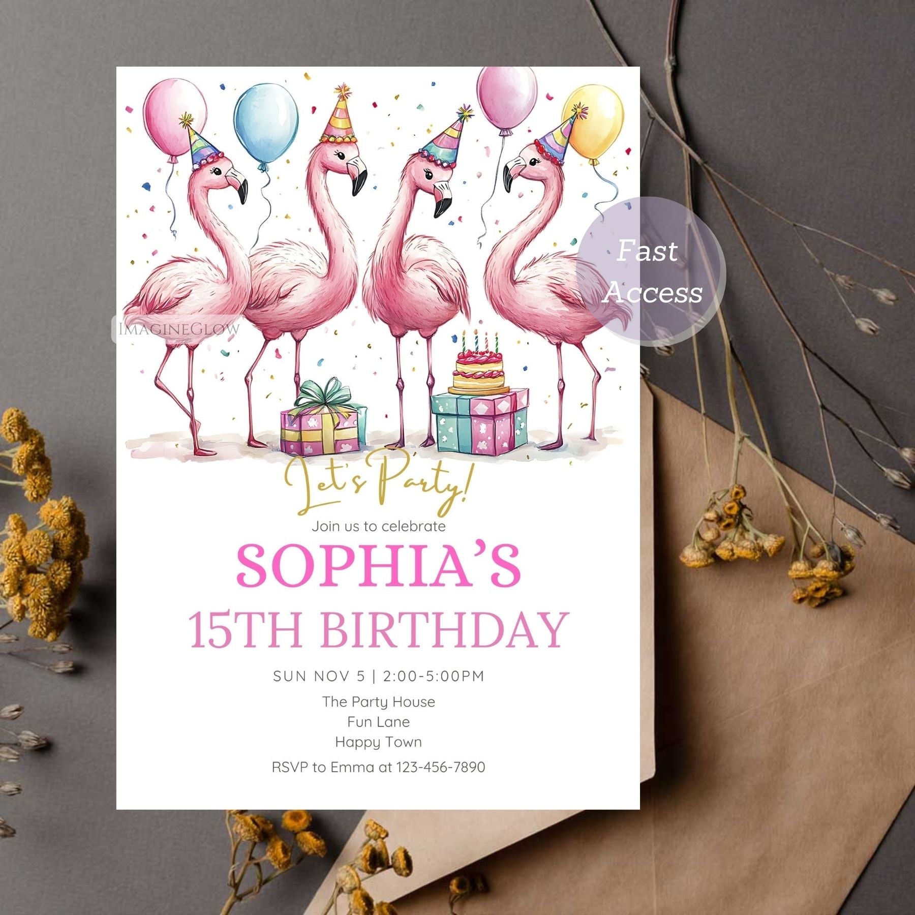 Customizable flamingo party invite for a beach-themed birthday
