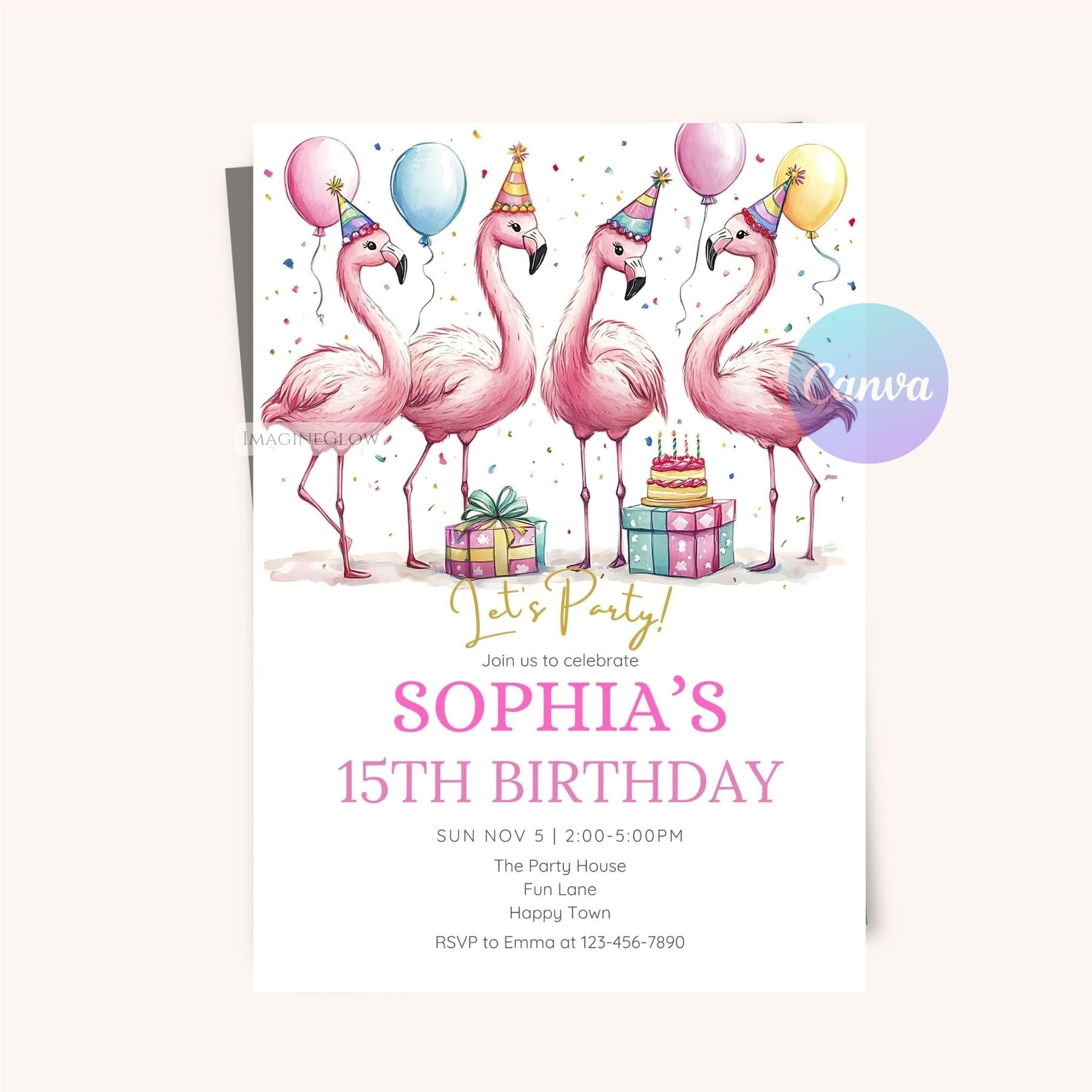 Printable flamingo birthday invitation with tropical design
