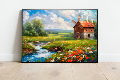 Windmill art print ideal for vintage-inspired interiors