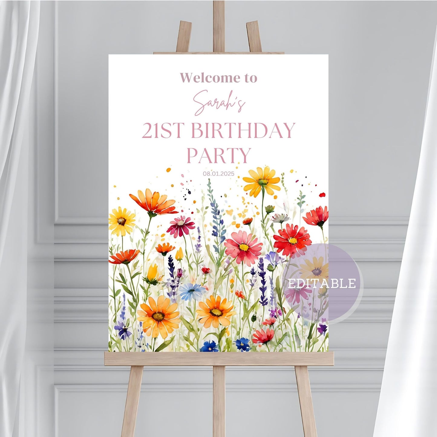 Personalized birthday sign with wildflowers customizable age for any celebration
Customizable birthday party sign with bright wildflowers editable age