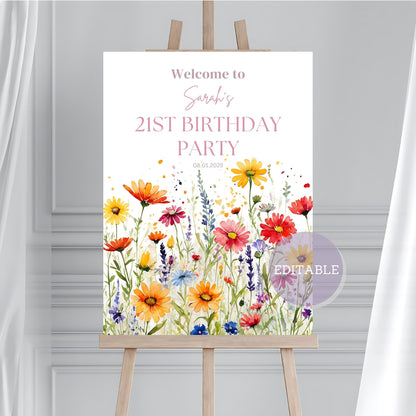 Personalized birthday sign with wildflowers customizable age for any celebration
Customizable birthday party sign with bright wildflowers editable age