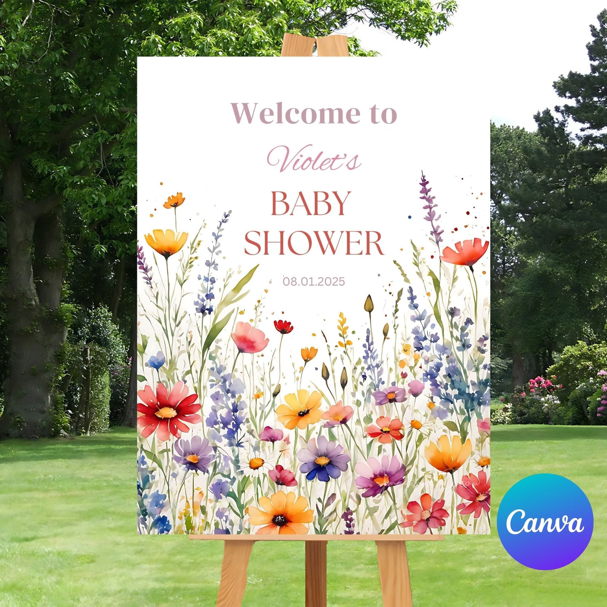 Floral baby shower welcome sign with personalized details.
