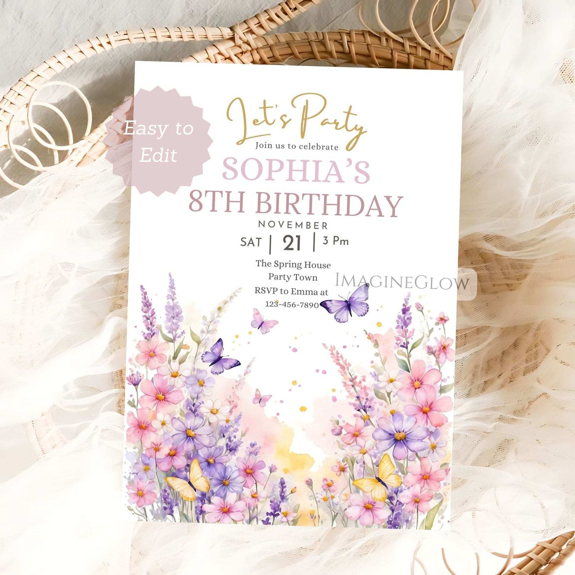 Birthday party invitation with floral design and butterflies on a textured surface
