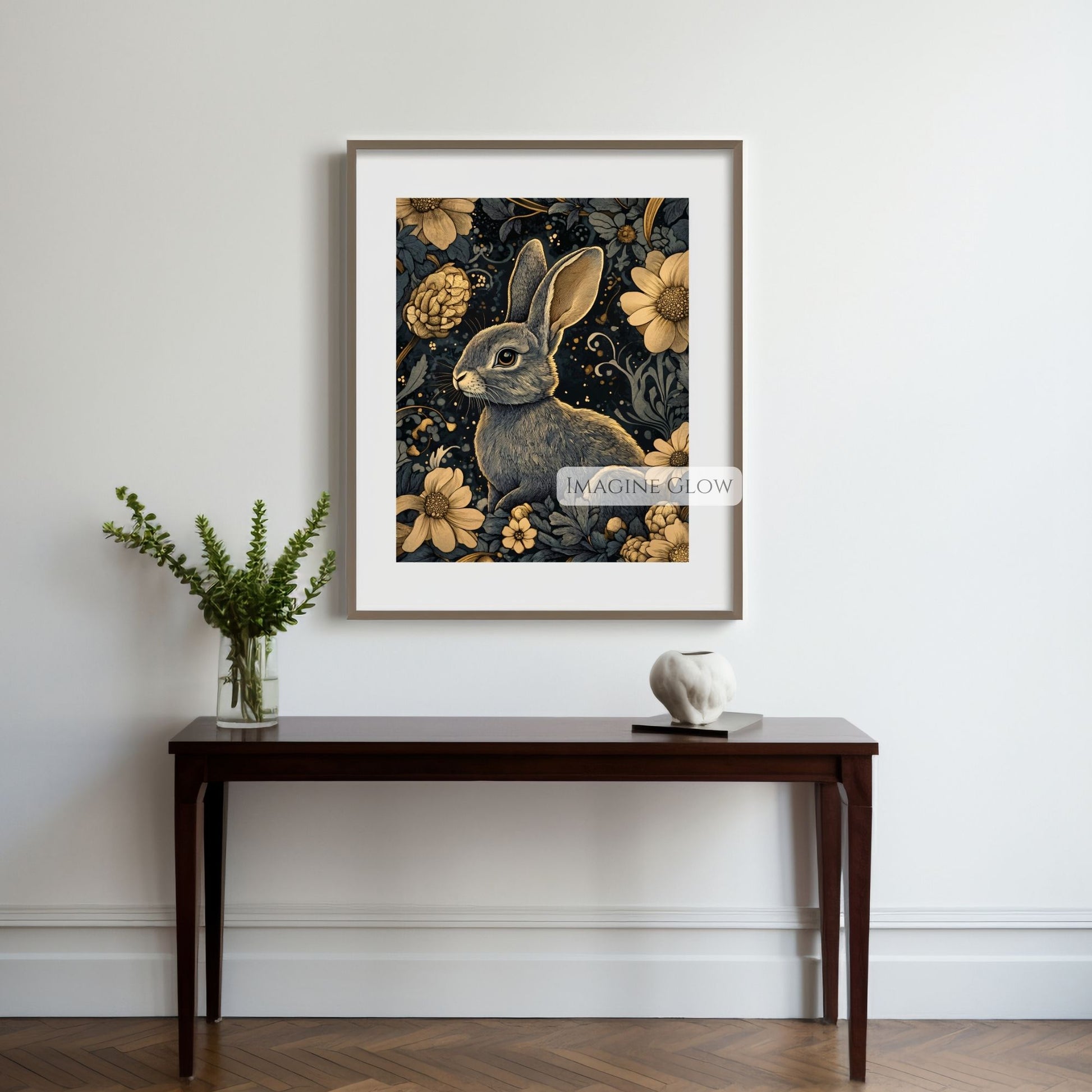 Rabbit surrounded by dark florals in moody art print
