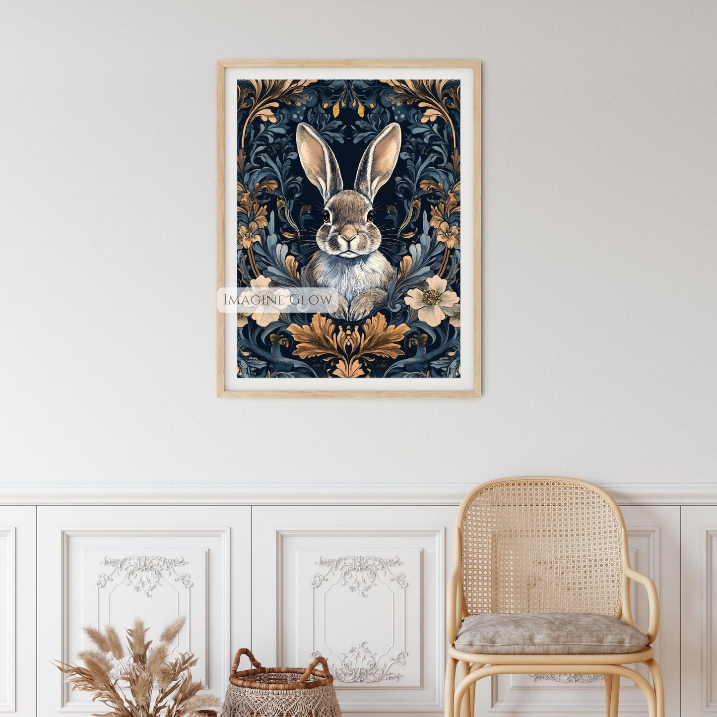 Dark floral bunny print for rustic or modern wall art.
