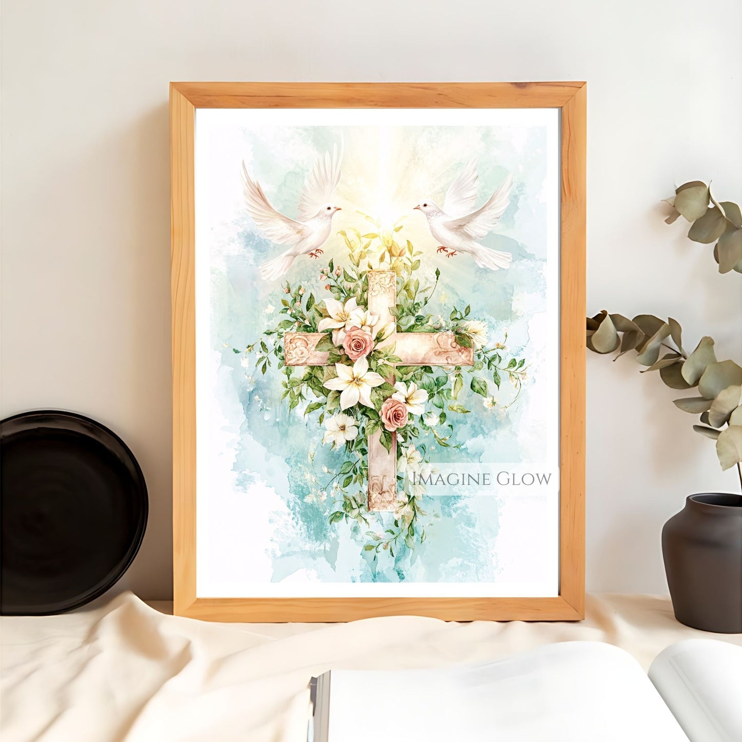 Floral Cross with Two Doves Wall Art - Peaceful Christian Decor - Religious Spring Artwork