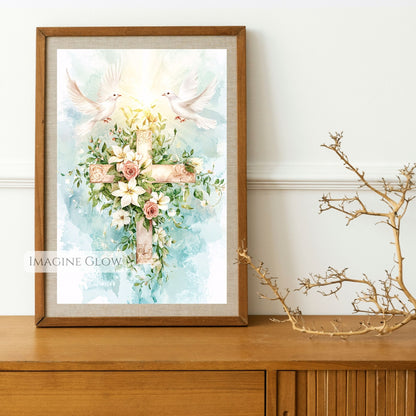 Floral Cross with Two Doves Wall Art - Peaceful Christian Decor - Religious Spring Artwork