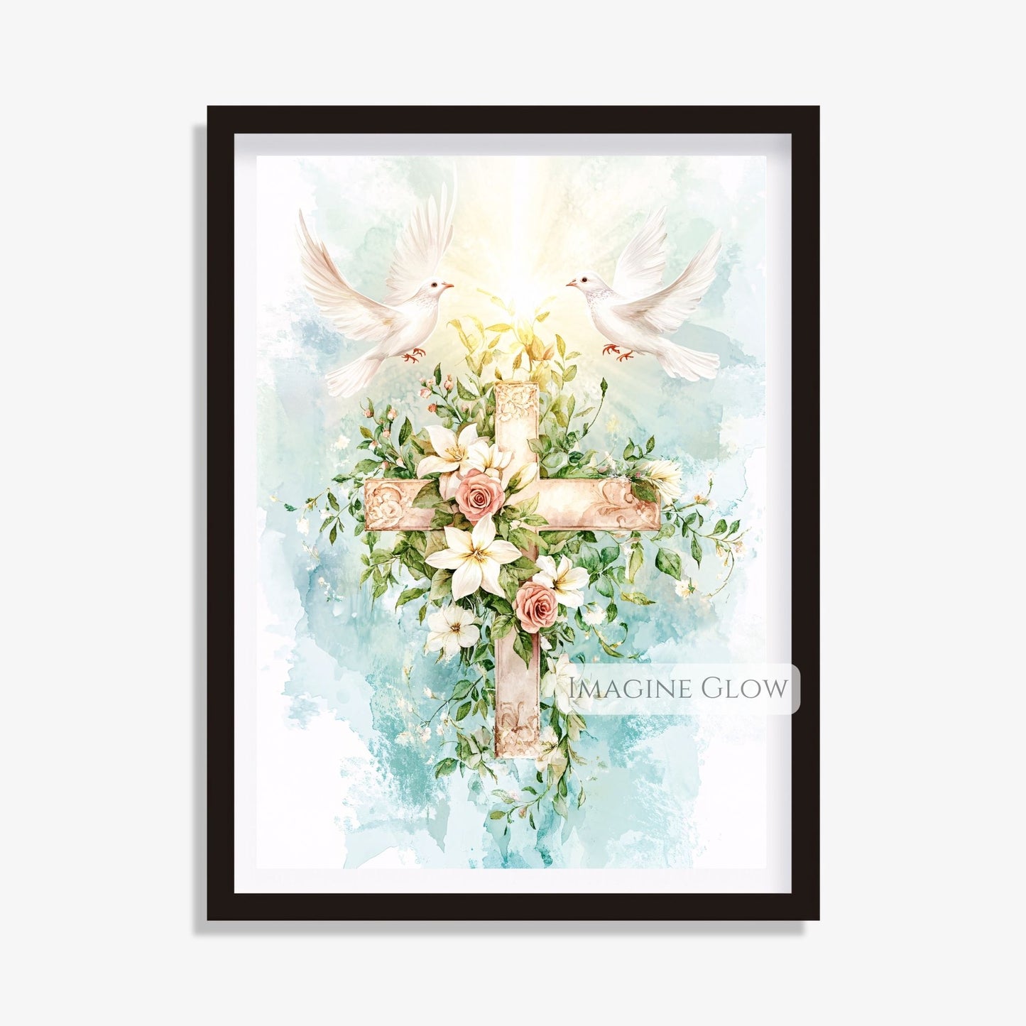 Floral Cross with Two Doves Wall Art - Peaceful Christian Decor - Religious Spring Artwork