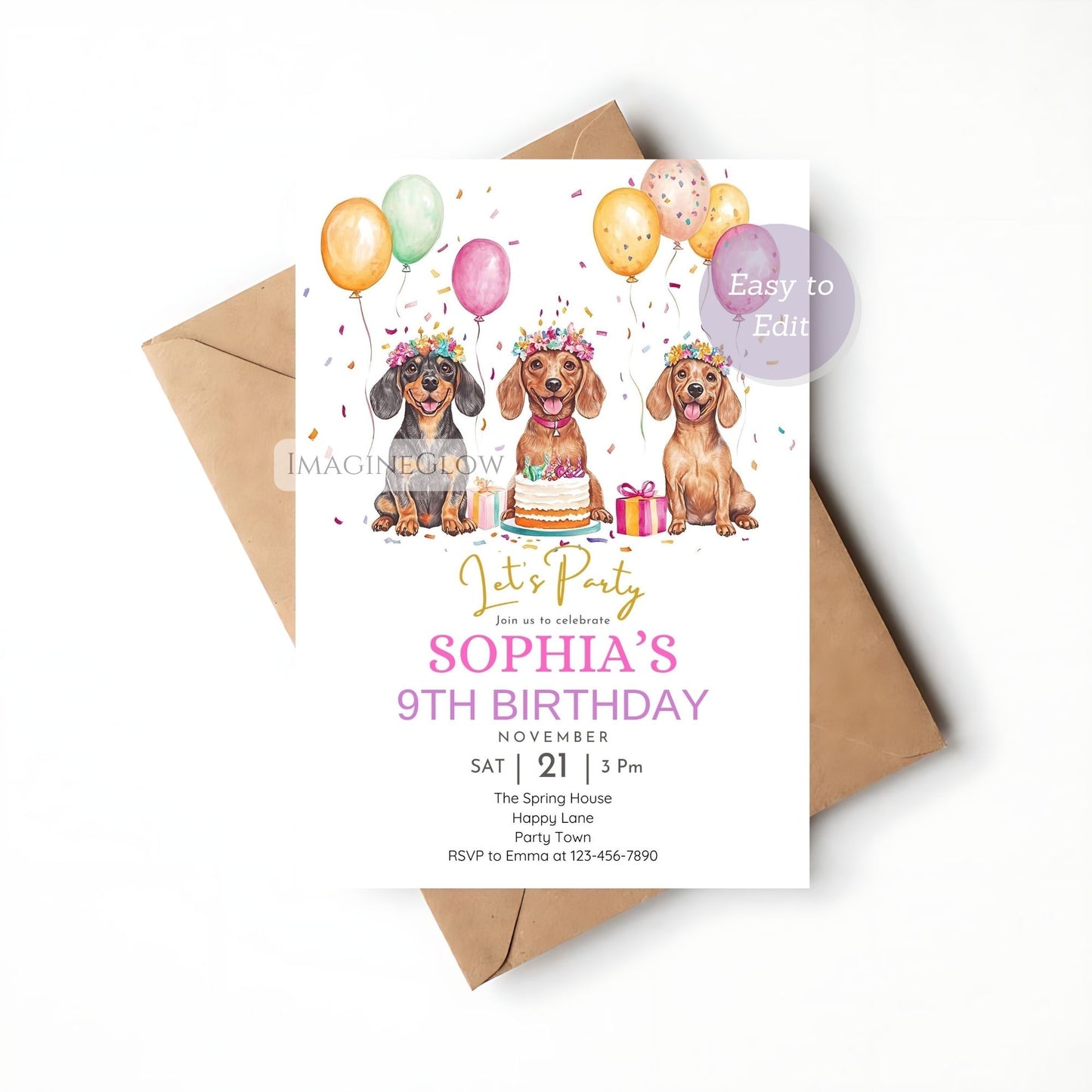 Personalized dachshund floral birthday party invitation
