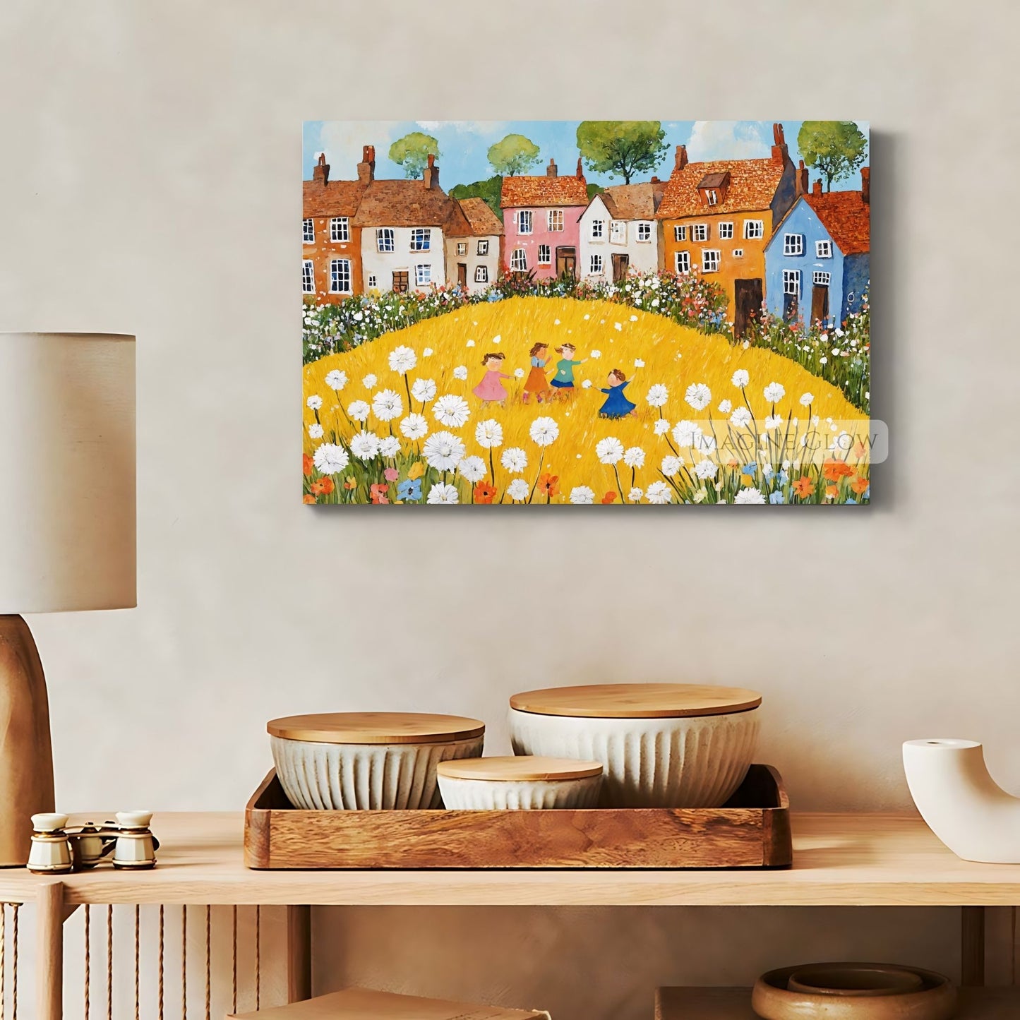 Spring wall decor with a whimsical folk art dandelion design